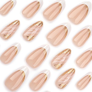 <span class=keywords><strong>Uñas</strong></span> Postizas Cortas Almendradas Blancas Francesas Clásicas <span class=keywords><strong>con</strong></span> <span class=keywords><strong>Purpurina</strong></span> Dorada Simple, 24 Piezas, 3518, Personalizables - Product Image 3
