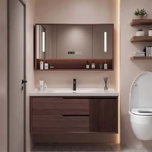 Custom Design Minimalist Scandinavian Fluted Wood Floating Mirror Basin <b>Bathroom</b> Small <b>Bathroom</b> Vanities Cabinet with Mirror - Product Image 5