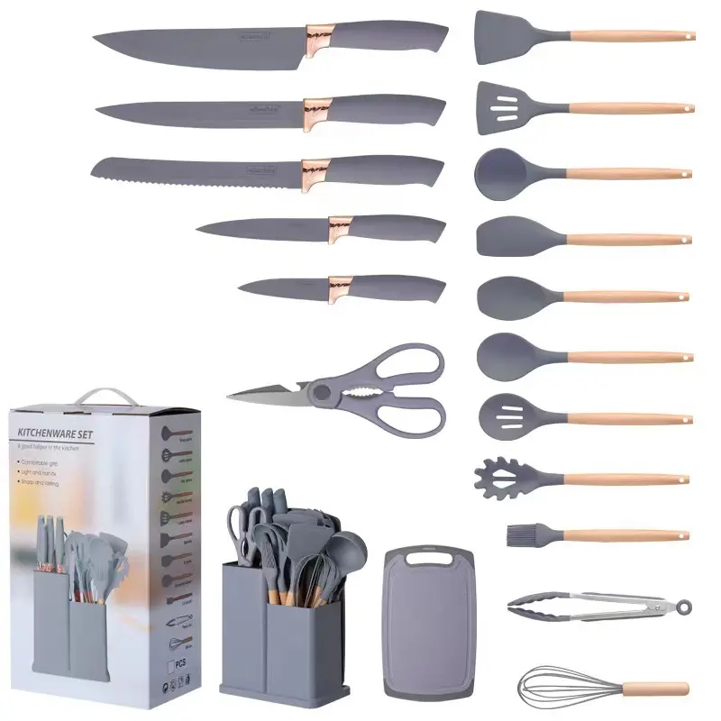 19 Buah Set Peralatan Dapur Memasak Silikon Anti Lengket Spatula Set dengan Pegangan, Gagang Kayu Silikon Gadget Dapur