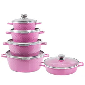 ピンクのキッチン調理器具セット5個蓋付きスープパン20-32cm鍋とフライパン焦げ付き防止調理器具セット