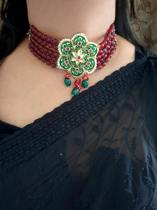 Royal Ruby Meenakari Choker Set with Earrings Handmade Traditional Indian Bridal Wedding Jewelry Festival <b>Statement</b> <b>Necklace</b> - Product Image 4