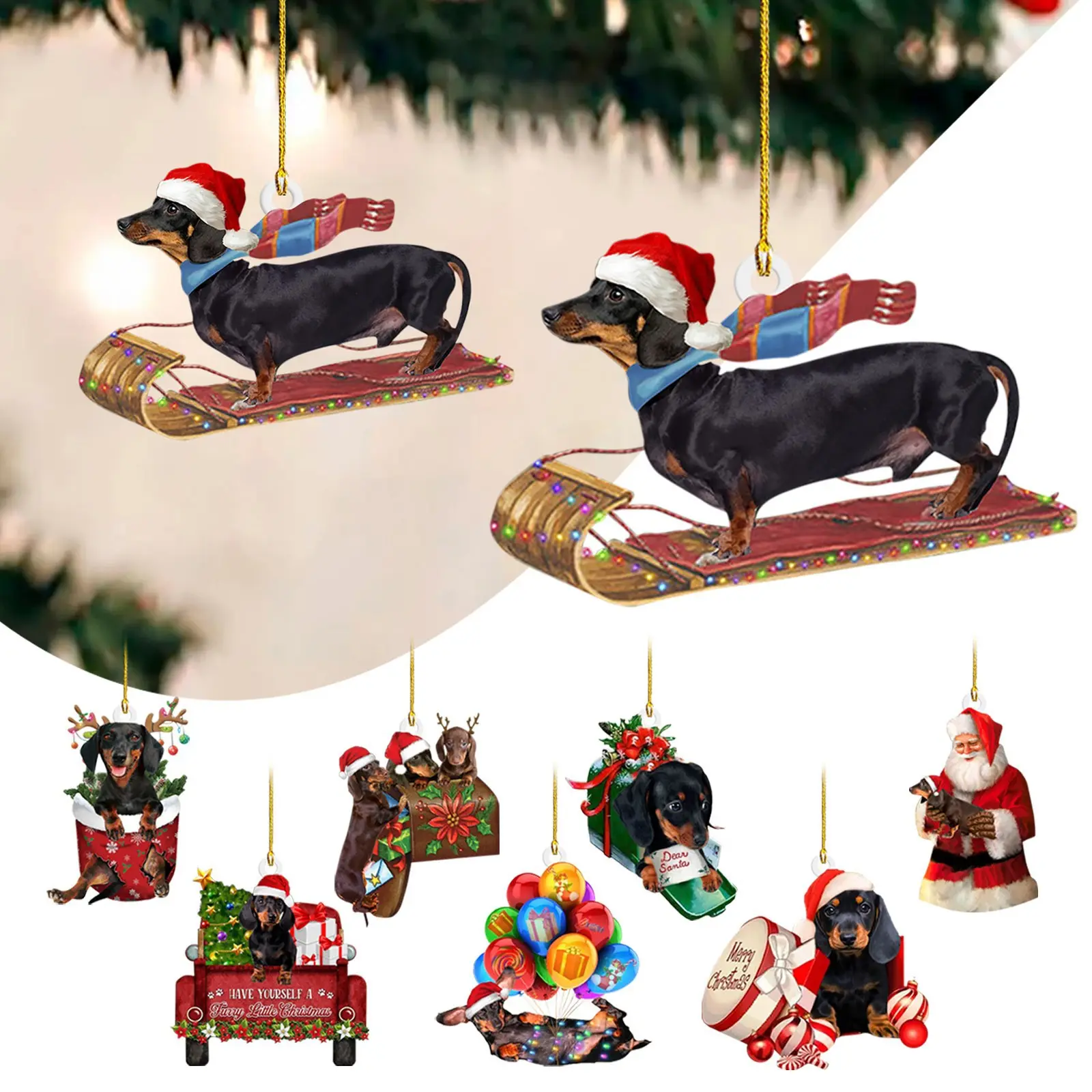 Lindo Dachshund árbol de Navidad Topper colgante acrílico PVC Navidad decorativo Wiener perro colgante ornamento