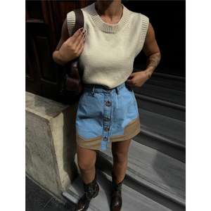 Autumn Cute Short Denim <b>Skirt</b> Distressed Washed Leather Trim Button Closure <b>Y2K</b> Vintage Style-Beige Midi Maxi Slit Waist - Product Image 4