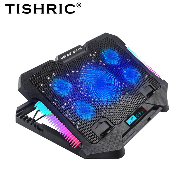 Adjustable Height 5-fan Laptop Cooling Pad with Cool RGB Lighting Effects