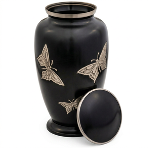Urna Funeraria de Aluminio Negro con Incrustaciones de Mariposa, Recuerdo Conmemorativo, Ataúd Duradero de 220 Pulgadas Cúbicas para Adultos - I H C - Product Image 1