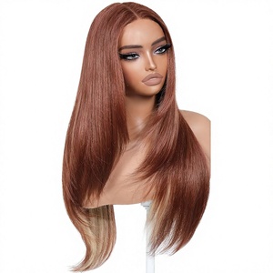 Perruques Lace Front Cooper Blond sans colle, pré-épilées, pré-coupées, pour débutantes, <span class=keywords><strong>avec</strong></span> <span class=keywords><strong>frange</strong></span>, longues, dégradées, lisses, 26 pouces, mèches roux vifs - Product Image 1