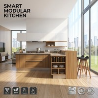 Meubles de cuisine modulaires modernes et minimalistes en verre laqué et imitation bois, en forme de L, sur mesure, avec îlot central
