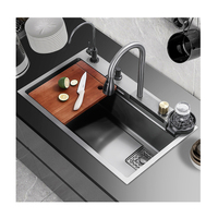Évier multifonction de luxe anti-rayures évier de cuisine à cascade noire évier en acier inoxydable à cuvette unique avec robinet
