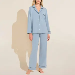 OEM Chất lượng cao của phụ nữ mềm Pajama Set notch cổ áo dài tay áo sơ mi tùy chỉnh phương thức loungewear Phụ nữ bộ đồ ngủ