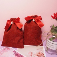 Pochette en lin sérigraphiée Sacs de rangement en tissu de toile de jute avec cordon pour cadeaux de vacances avec emballage textile élégant à nœud