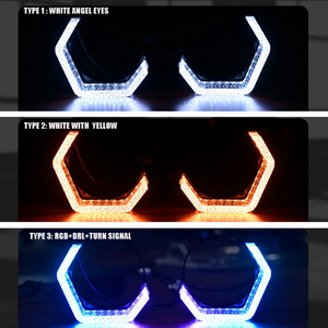 Cubiertas de lente de Faro de Ojos de Ángel 5D de 3 pulgadas, anillos de <span class=keywords><strong>Halo</strong></span> rectangulares RGB LED DRL con luz de señal de giro, Control de aplicación de flujo amarillo - Product Image 5