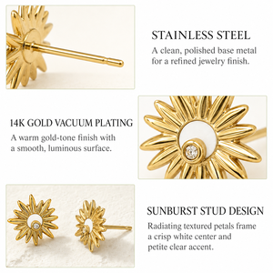 Boucles d'oreilles clous Sunburst, en acier inoxydable avec placage sous vide or 14 carats, boucles d'oreilles sculpturales à centre blanc, couleur or et argent - Product Image 2