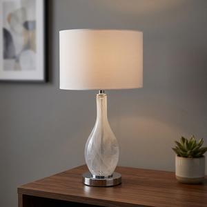 Modern Electric Living Room Table <b>Lamp</b> Inno Casa Decorative PT24113 E26/E27 Grey Glass Plated Chrome Metal White Linen Shade - Product Image 3