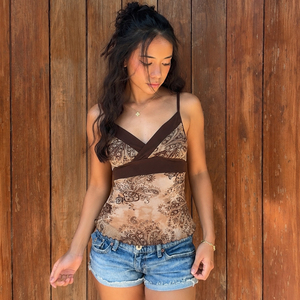 Top Camisero sin Mangas con Paneles de Malla Transparente y Estampado Floral Vintage Y2K, Transpirable, con Contraste de Color, para Verano, Estilo Urbano, Venta al por Mayor - Product Image 6