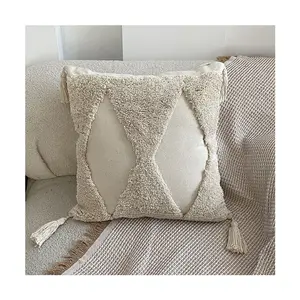 Bohemian Morocco Cotton Tufted Throw Pillow Covers Luxury Neutral Home Decor Accent Cushion Covers Set for Couch Sofa 18 x 18"