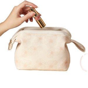 Portable Women's <b>Makeup</b> Bag With Zipper Closure Leather Cosmetic <b>Case</b> For Travel And Home Storage Solid Color Embroidery Pattern - Product Image 1