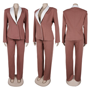 Elegant Collision <b>Colour</b> Large Turn Down Collar Casual Suit Two Piece <b>Set</b> for Women Fashion - Product Image 6