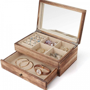 Wooden Jewelry <b>Box</b> Organizer Women 2 Layer <b>Large</b> <b>Jewellery</b> Storage Case Rustic with <b>Mirror</b> Ring Tray Necklace Earring Vintage - Product Image 2