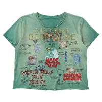 T-shirt graphique à strass délavé à l'acide pour homme, 300 g/m², 100 % coton, coupe ample, sur mesure, streetwear, vert, ourlet brut, col rond