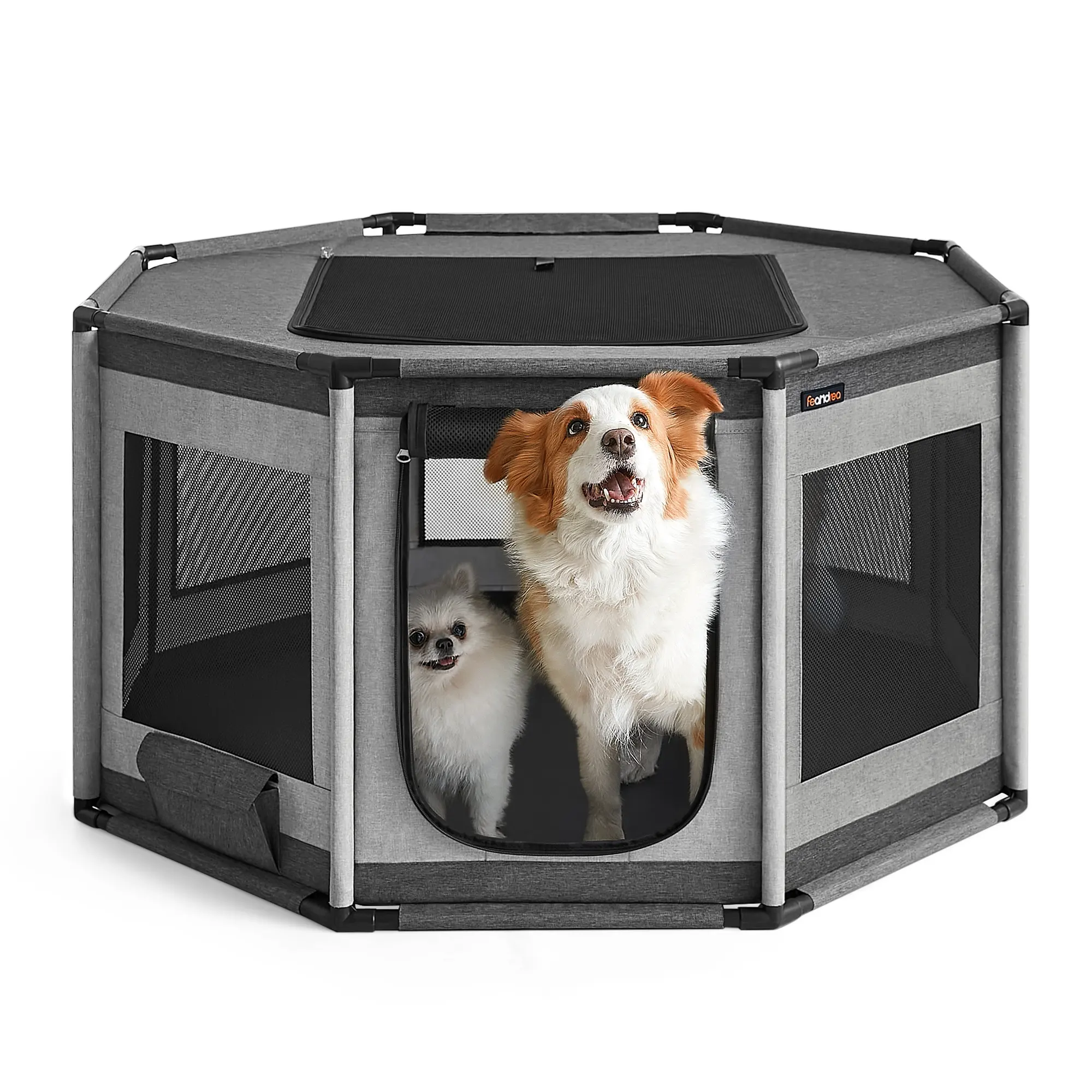 Feandrea tenda hewan peliharaan lipat portabel, rumah anjing dengan jendela jaring kain Oxford anak anjing Playpen oktagonal kandang anjing