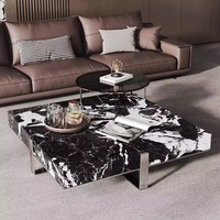 Table basse carrée en pierre noire et blanche de style minimaliste italien, avec structure en bois durable, pour salon, appartements grands ou petits.