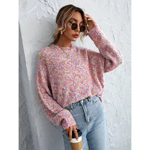 Fashionable Womens Crew Neck Long Sleeve Mixed Color Pink Pullover Cable Knit Sweaters Soft Jumper Designer Manufacturer