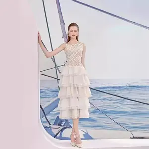 Bettergirl Vietnam Design Small Wave Splicing White Cake Dress Heavy Lace Waist Midlength Dress