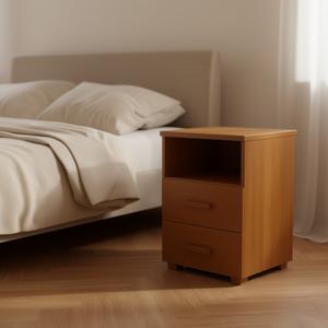 Modern Pine Wood Nightstand With 2 Drawers And <b>Open</b> Shelf For Bedroom <b>Storage</b> - Product Image 2