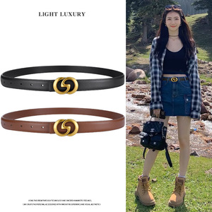 Cinturón Clásico Delgado <span class=keywords><strong>de</strong></span> Cuero PU para Mujer al por Mayor con Hebilla <span class=keywords><strong>de</strong></span> Aleación, Cinturón Fino Negro con Hebilla Metálica Dorada para Jeans y Vestidos, Cinturones <span class=keywords><strong>de</strong></span> Diseñador - Product Image 1