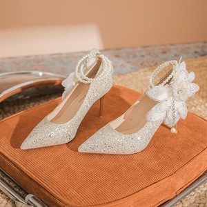 Zapatos de Novia con Tacón de Aguja, Punta en Pico, Altura de 5cm-8cm, Correa en el Tobillo, Decoración Floral, Forro de Satén, Tendencia de Moda - Product Image 1