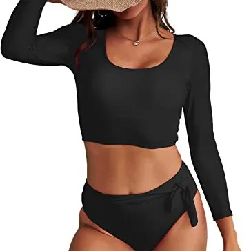 Womens đồ bơi Crop Top cao eo Bikini thiết lập phát ban bảo vệ bathingsuit dài tay áo đồ bơi/
