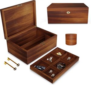 Custom Wood Storage Box OEM Laser Engraved <b>Wooden</b> <b>Treasure</b> <b>Chest</b> With Lock Removable Divided Tray for Keepsake Wholesale - Product Image 3
