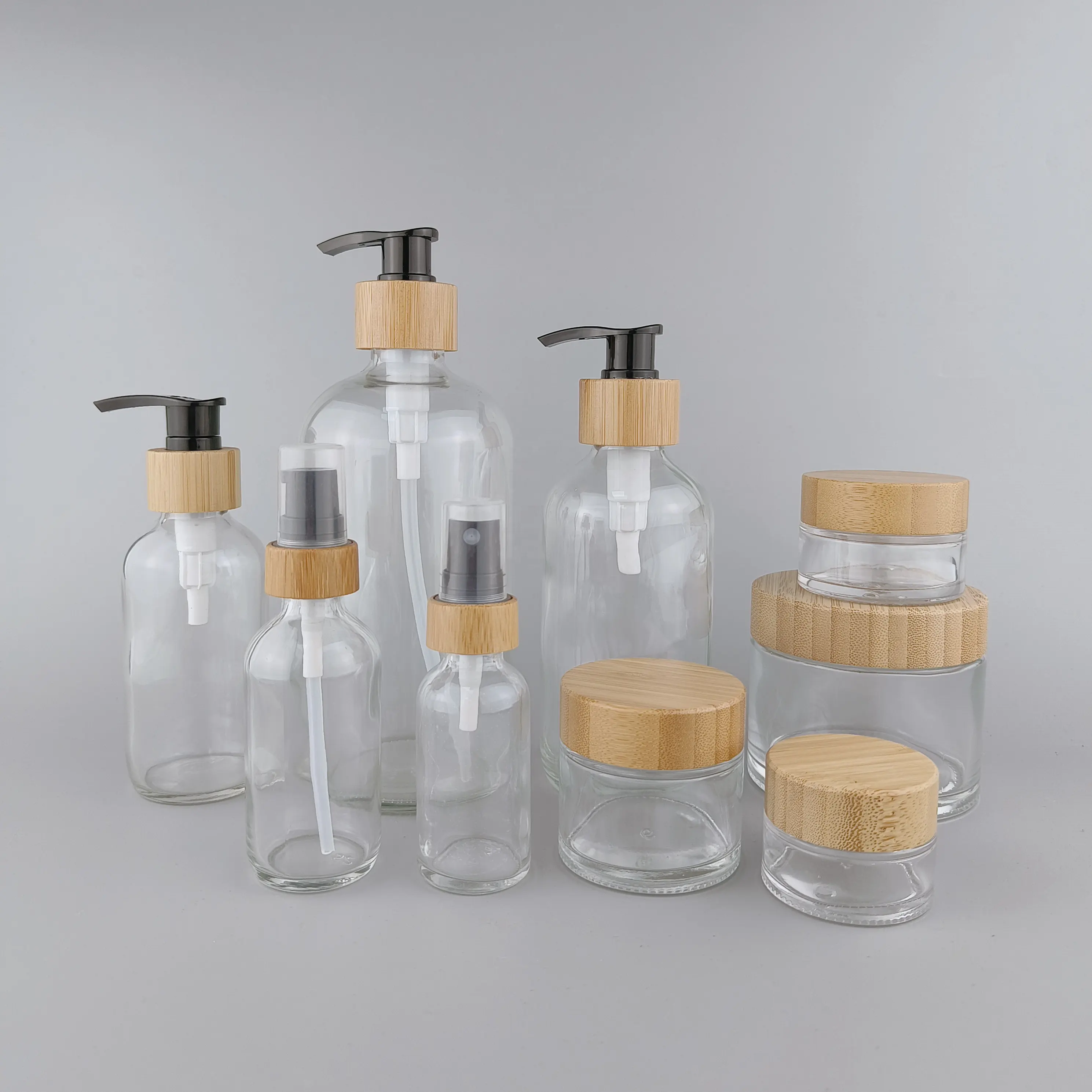 boston round glass bottle 30ml 60ml 120ml 250ml 500ml 1000ml clear glass bottles and 50ml 150ml 200ml glass jar with bamboo lid