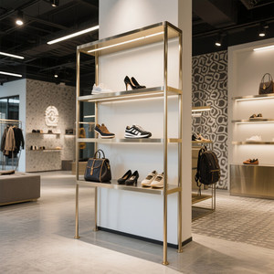 Présentoir de <span class=keywords><strong>Magasin</strong></span> de Vêtements en Métal Doré Brillant Personnalisé, Support à Sacs en Acier Inoxydable, Présentoir à Chaussures pour <span class=keywords><strong>Magasin</strong></span> de Chaussures et Sacs - Product Image 1