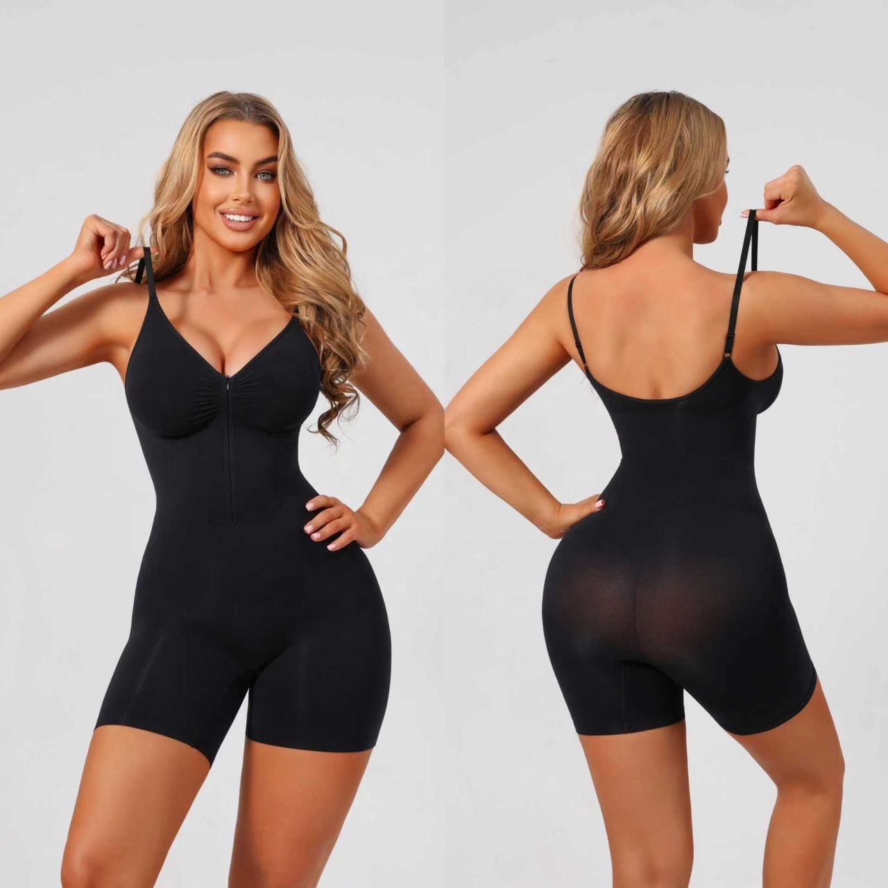 Zipper-Front Non-Slip Shapewear Bodysuit: side profile showing zones and edge stability