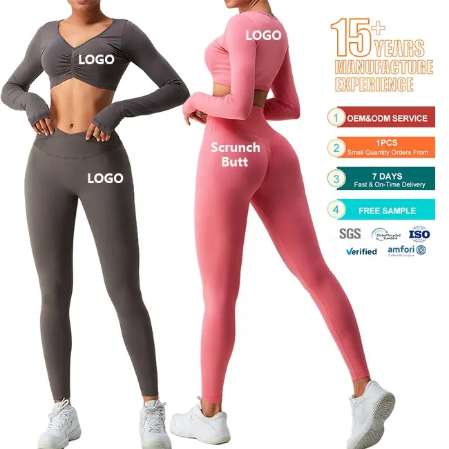 2pcs Yoga Sets Women Workout Long Sleeve Crop Tops High Waist Leggings Seamless Polylactide Fabric Sports Suits Deportivo