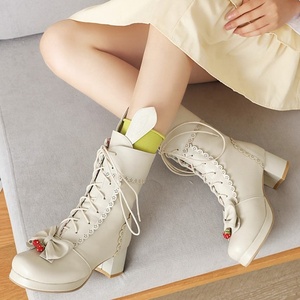 Botas de tobillo con lazo y orejas de conejo, estilo cosplay, tacón grueso, antideslizantes, talla grande 46 para niñas, otoño 2020 - Product Image 2