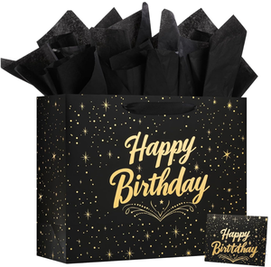 Luxury Custom Birthday Gift <b>Bag</b> with Greeting Card Black Gold Foil Design Paper Gift Packaging <b>Bag</b> for Party Celebration - Product Image 1