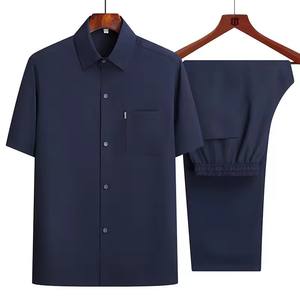 Camicia da uomo a manica corta pantaloni lunghi Set abiti estivi con bottone con risvolto tinta unita <span class=keywords><strong>2</strong></span> pezzi Set Casual da uomo traspirante - Product Image 2