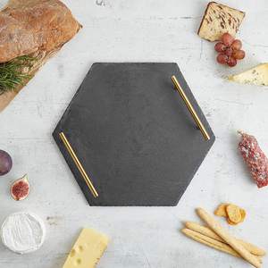 Pizarra negra natural personalizada, plato de piedra para queso, bandeja de servicio de carne de fruta con asas de acero inoxidable de <span class=keywords><strong>oro</strong></span> cepillado - Product Image 4
