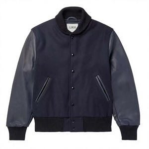 Men's Navy Varsity Jacket Wool/Polyester Shell Mandarin Collar <b>Covered</b> <b>Button</b> Breathable Eco-Friendly Casual Winter - Product Image 1