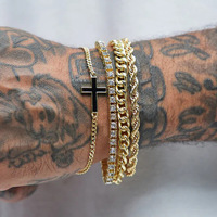 Bracelet à maillons classique plaqué or 18 carats tendance, 4 couches, avec croix en zircon et perles, pour hommes, accessoires de bijouterie, vente en gros