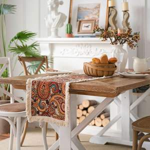 American Fringe Tabke Runenr Décoration Jacquard Rayé <span class=keywords><strong>Lin</strong></span> Style Rustique <span class=keywords><strong>Chemin</strong></span> <span class=keywords><strong>de</strong></span> <span class=keywords><strong>Table</strong></span> pour Dîner Fête Vacances - Product Image 1