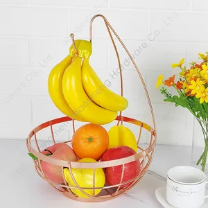 Dekorasi meja mangkuk logam emas mawar dudukan kawat besi wadah penyimpanan produsen tempat keranjang buah dengan gantungan pohon pisang