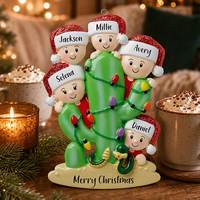 Ornement de Noël en résine Famille de Cactus Saguaro du désert, style western, avec chapeau de Père Noël, lumières et visages, à suspendre à l'arbre, cadeau