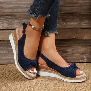 Sandales tendance pour femmes 2025, polyvalentes, <span class=keywords><strong>bleu</strong></span> <span class=keywords><strong>marine</strong></span>, à talon compensé - <span class=keywords><strong>Chaussures</strong></span> décontractées à plateforme en espadrille, respirantes, à bout ouvert - Product Image 1