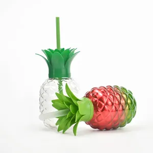 500ml 16oz portable pineapple shape mug juice drink plastic kids water cute drinking pineapple cups with lids and straws