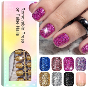 Kit di 192 Unghie Finte Quadrate Corte Scintillanti, Multicolore con Paillettes e Glitter, Unghie Finte Nude Sfumate Lucide Riutilizzabili - Product Image 1