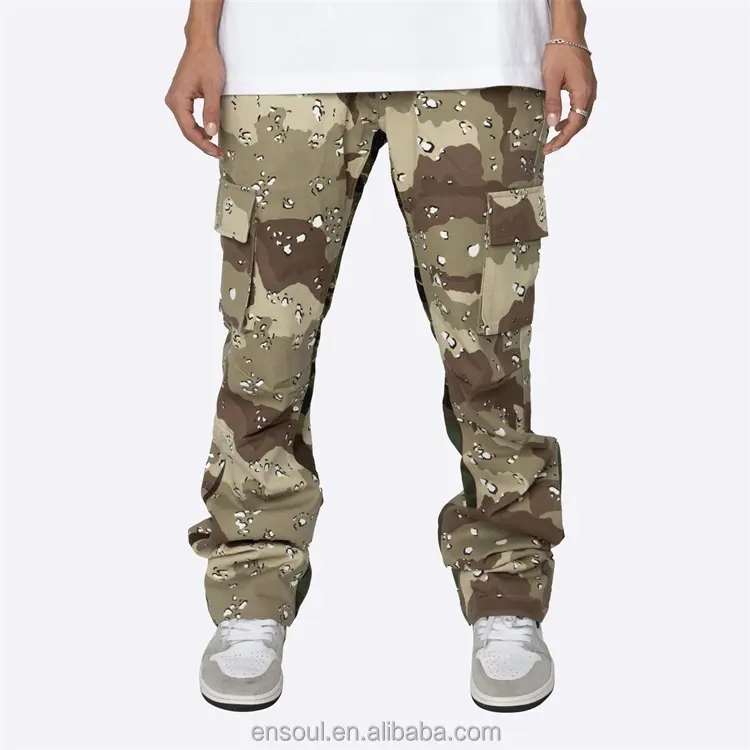 Wholesale Custom Men 100% Cotton Jogger Flare Sweat Pants Streetwear Camo Flare Cargo Pants With Side Pocket