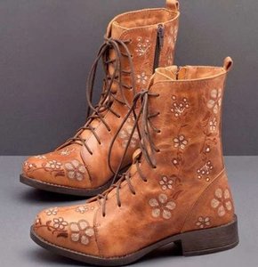 Bottes de combat mi-mollet brodées de fleurs, à lacets, avec fermeture éclair latérale, en cuir PU, semelle en caoutchouc antidérapante, chaussures pour femmes - Product Image 2